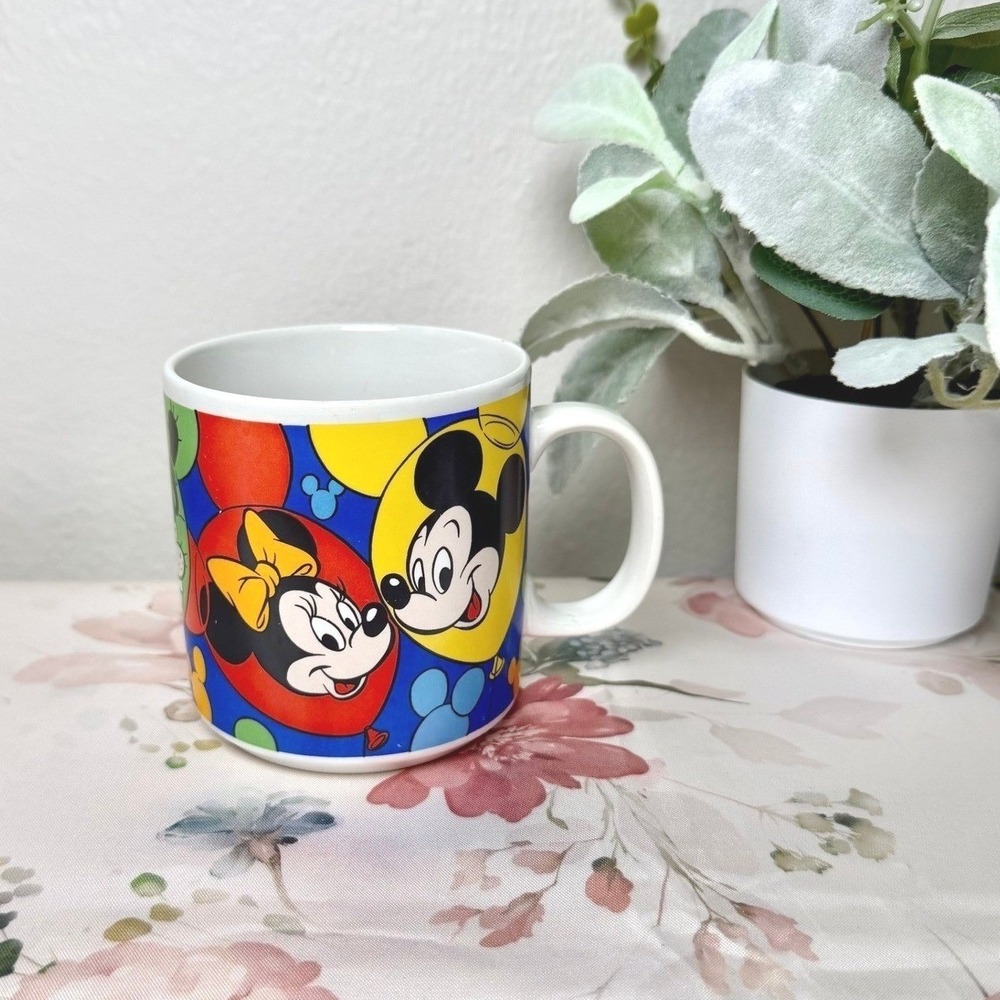 Disney Mickey & Friends Balloon Coffee Mug Vintage 90s Korea Ceramic Blue Red
